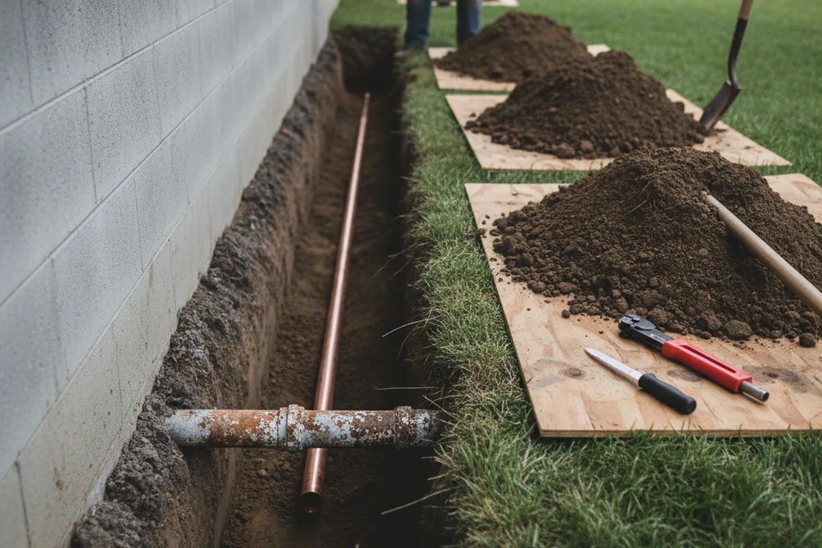 Excavated water line trench during Water Softener Installation in Carterville